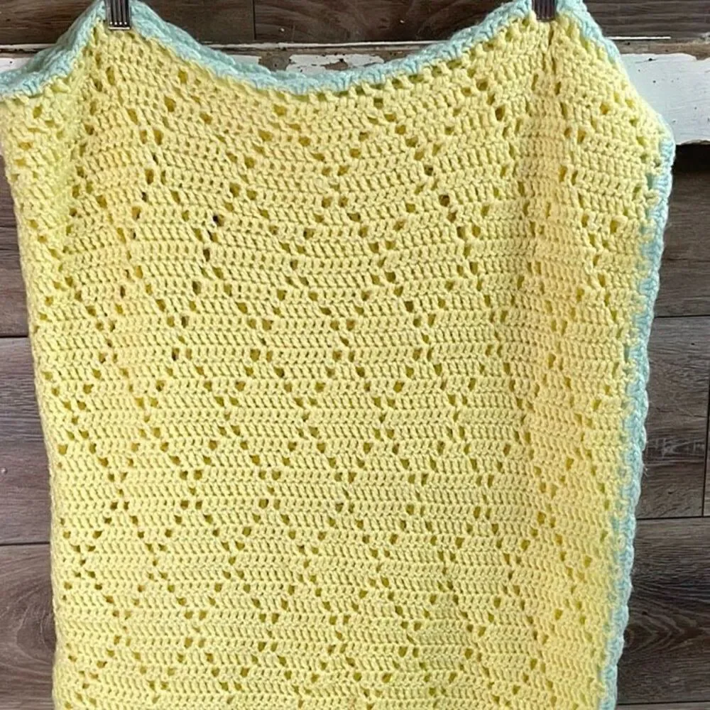 Crocheted Open Knit Infant Baby Blanket Handmade Yellow Blue Trim 62 X 62